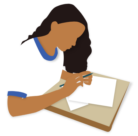 a graphic of a girl sitting at a desk writing